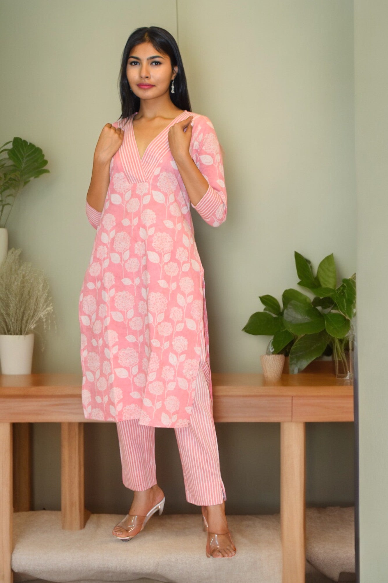 V-pink printed pure handblock cotton coord set