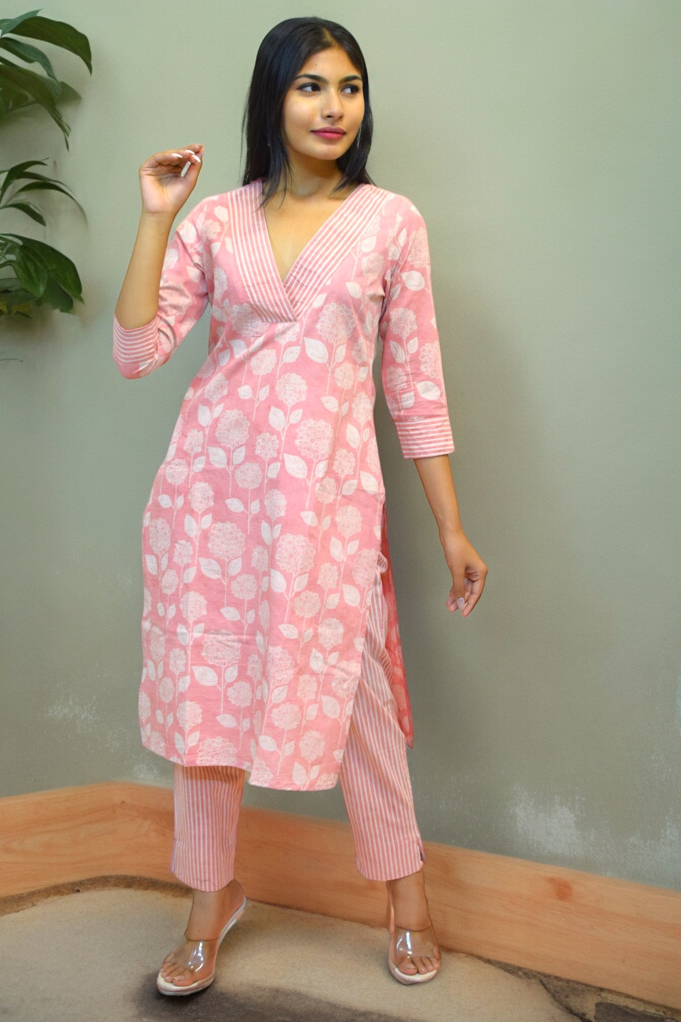 V-pink printed pure handblock cotton coord set