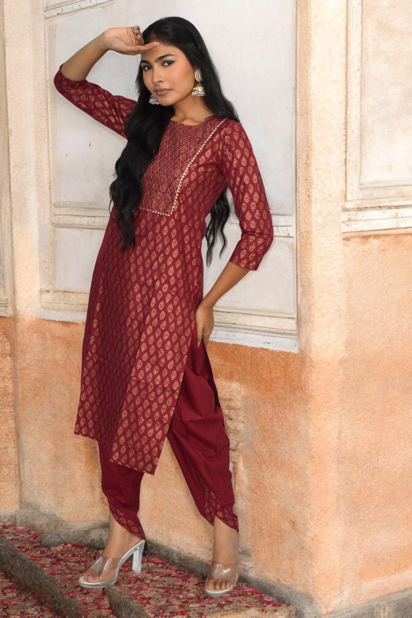 Maroon golden dhoti coord set