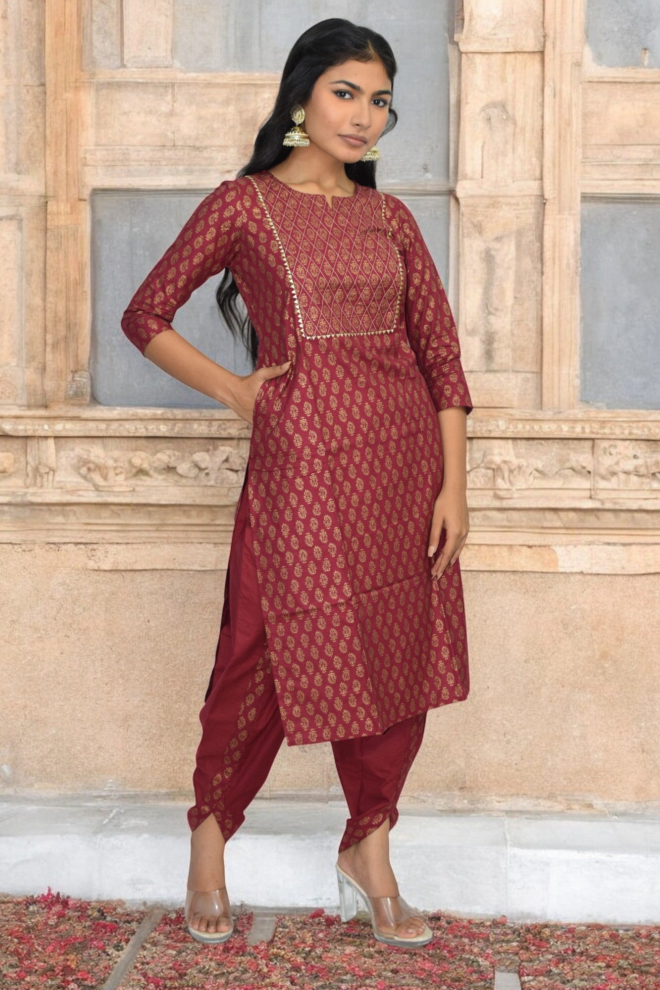 Maroon golden dhoti coord set