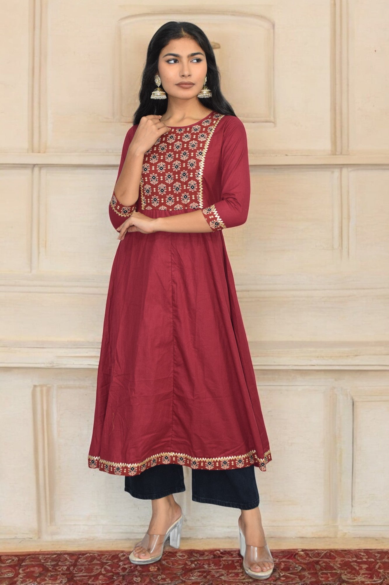 Maroon yolk anarkali kurti