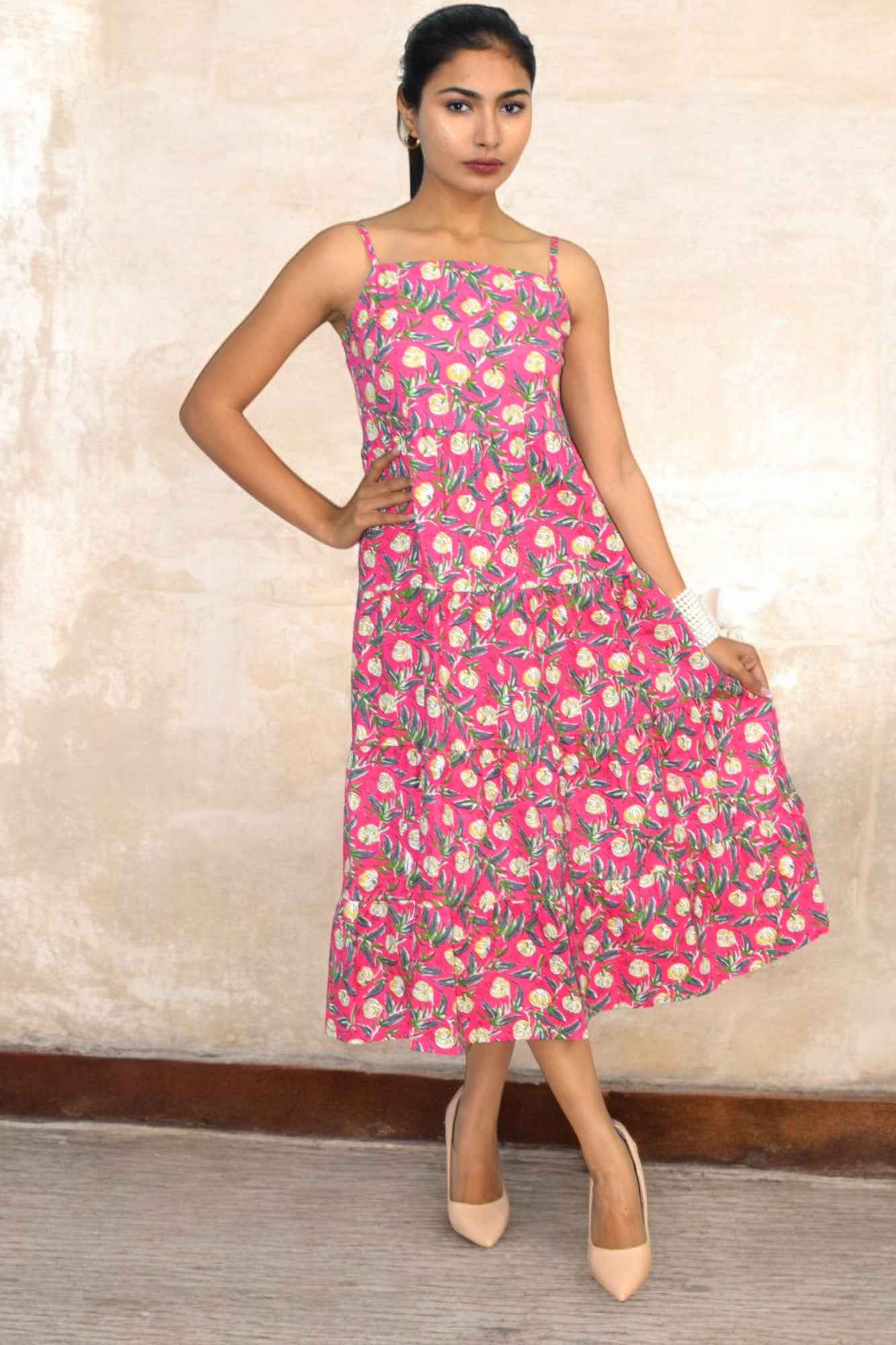 Pink Tamatar floral cotton tired dress