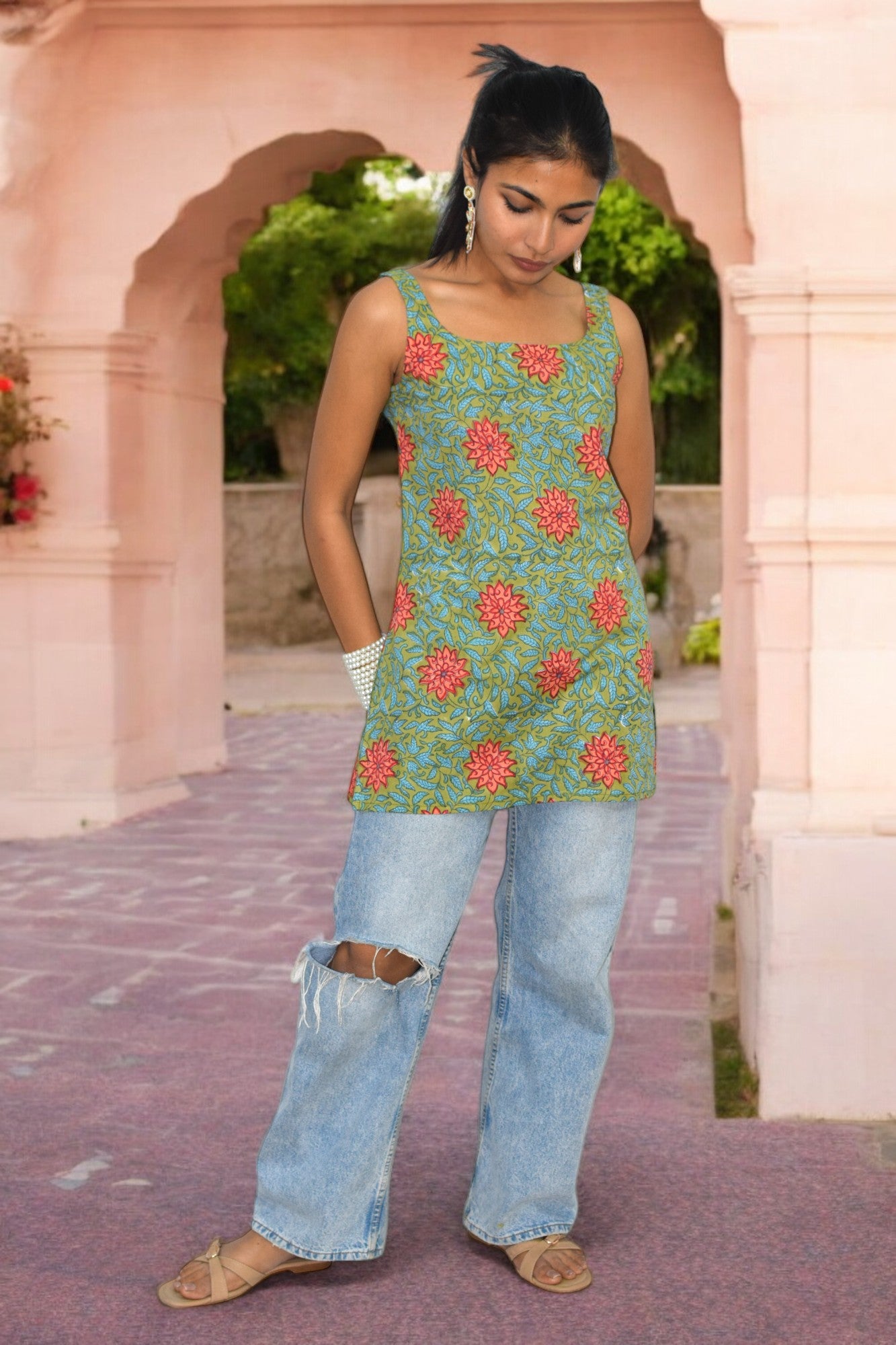 Green red Cotton Broad neck Kurti
