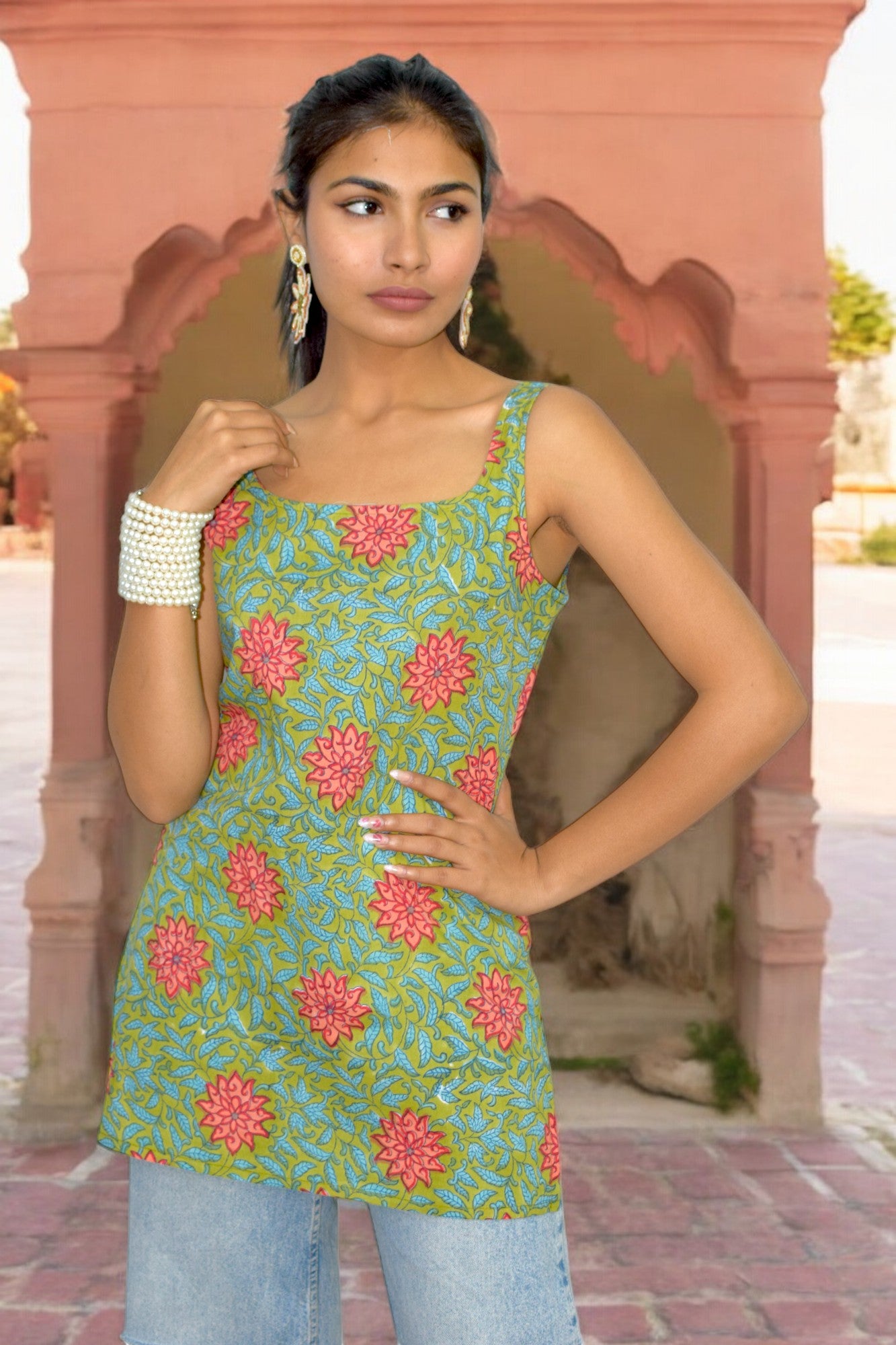 Green red Cotton Broad neck Kurti