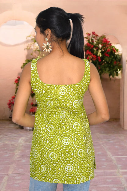 Green geometrical Cotton Broad neck Kurti