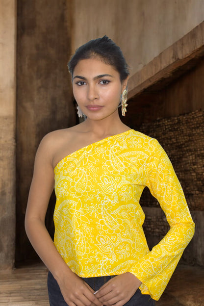 Yellow taj one shoulder pure cotton top