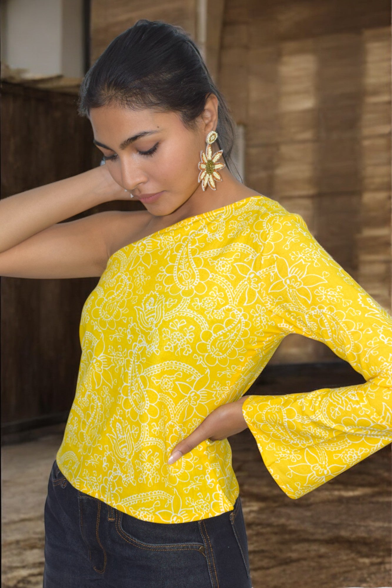 Yellow taj one shoulder pure cotton top