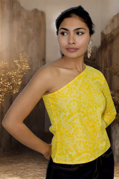 Yellow taj one shoulder pure cotton top