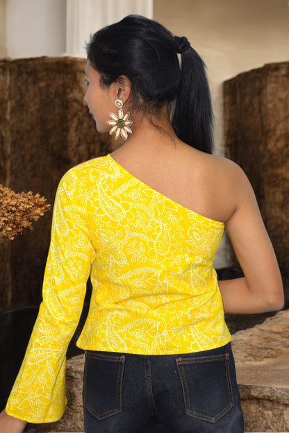 Yellow taj one shoulder pure cotton top