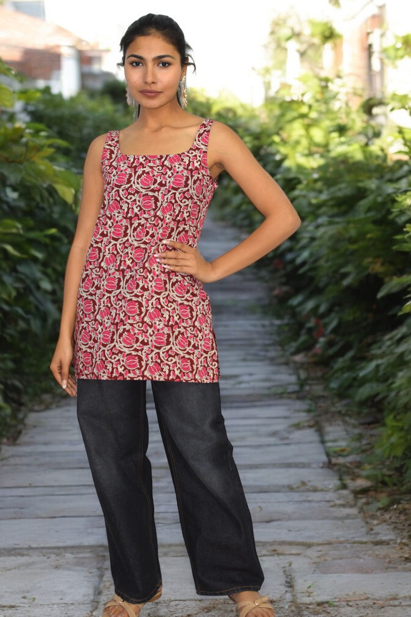 Pink floral Cotton Broad neck Kurti
