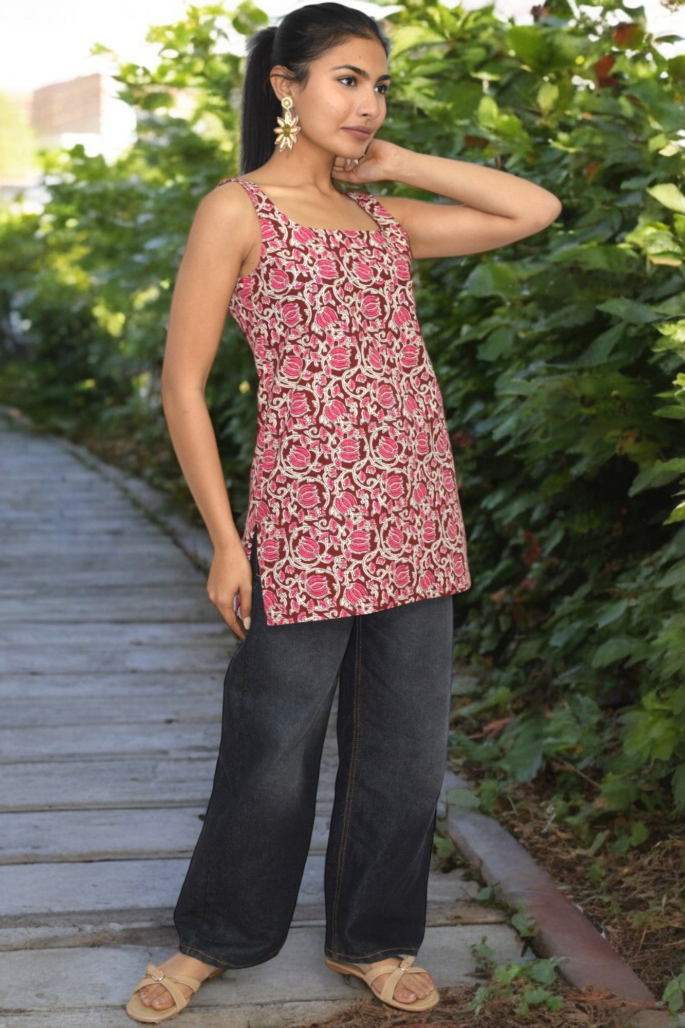 Pink floral Cotton Broad neck Kurti