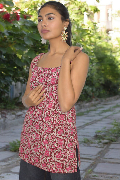 Pink floral Cotton Broad neck Kurti