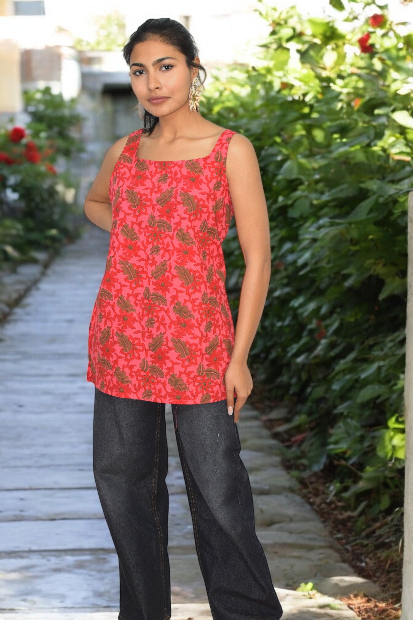 Red Cotton Broad neck Kurti
