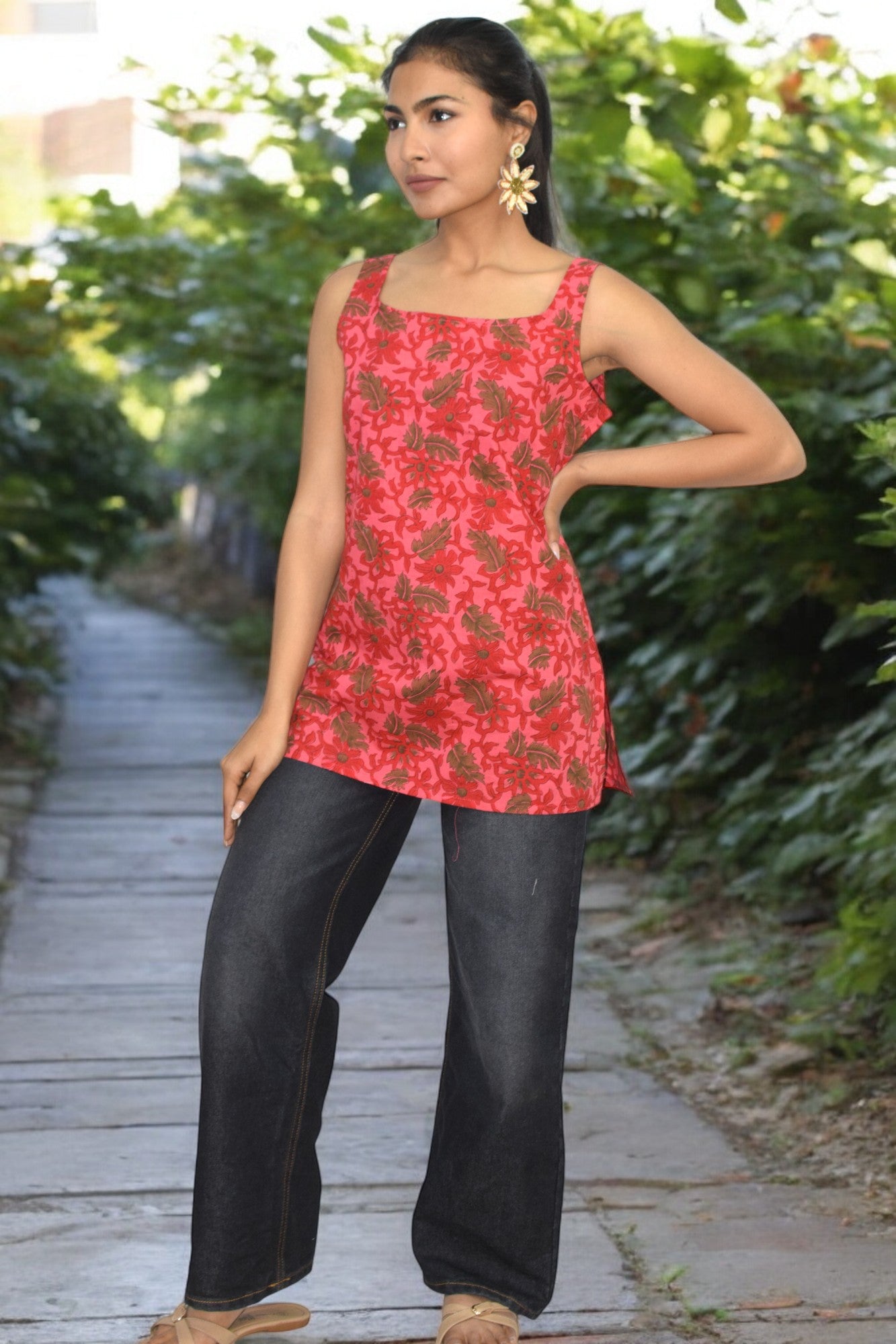 Red Cotton Broad neck Kurti