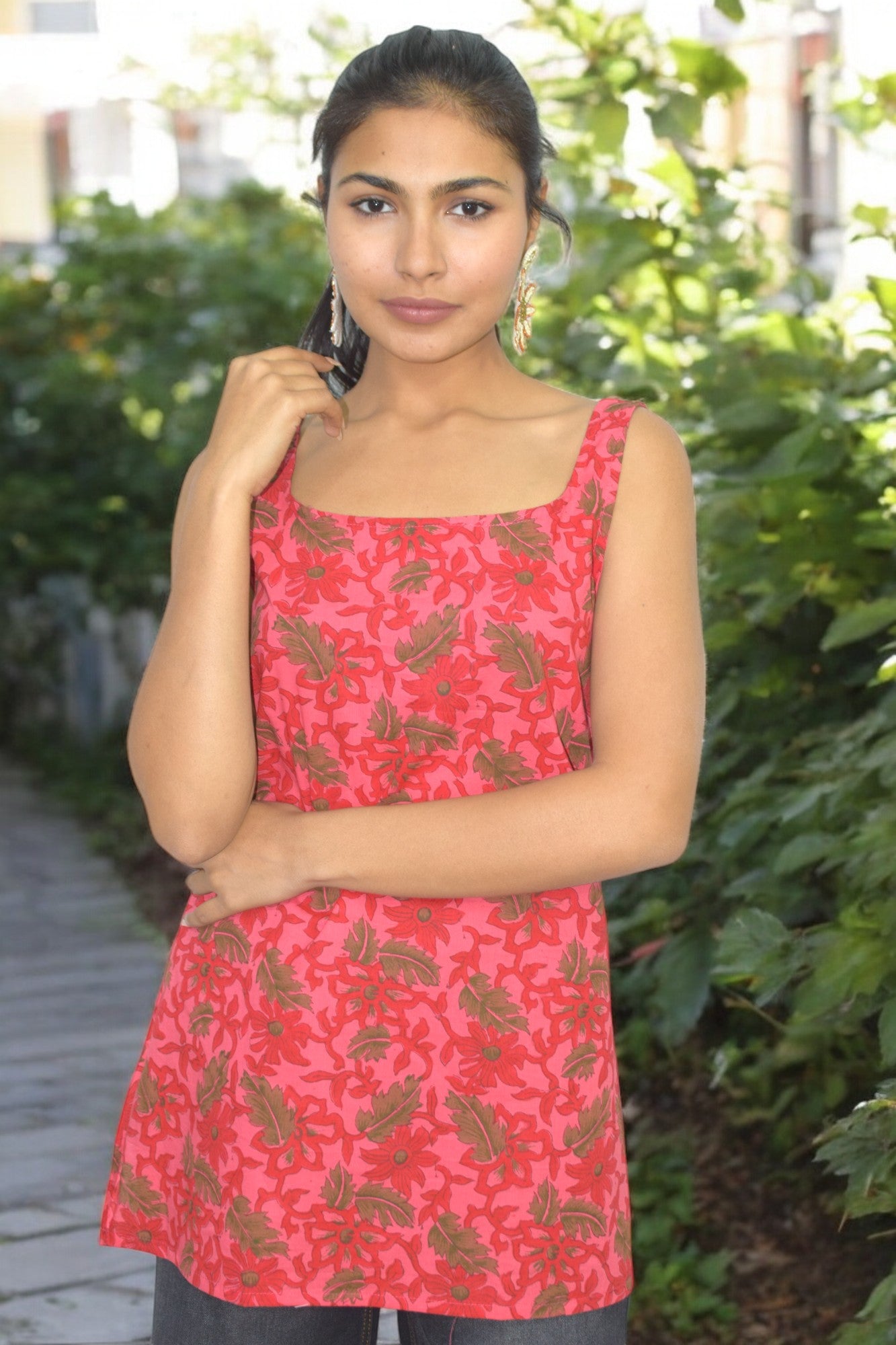 Red Cotton Broad neck Kurti