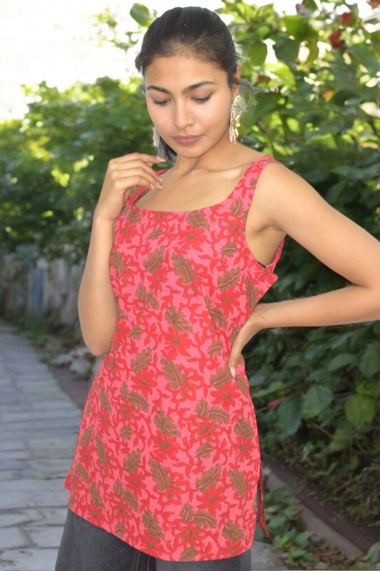 Red Cotton Broad neck Kurti