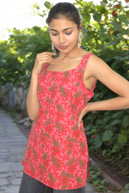 Red Cotton Broad neck Kurti