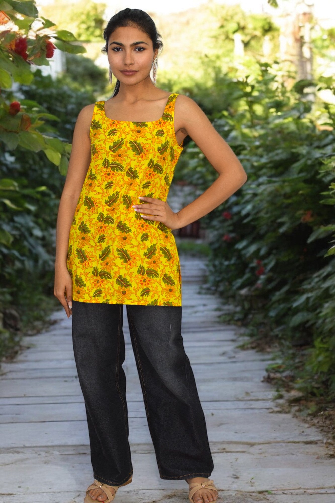 Yellow Cotton Broad neck Kurti
