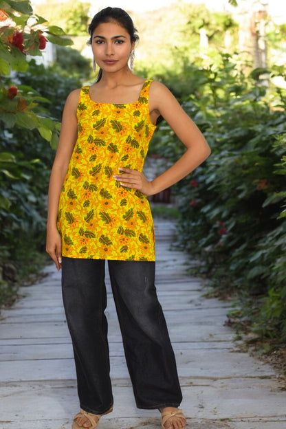 Yellow Cotton Broad neck Kurti
