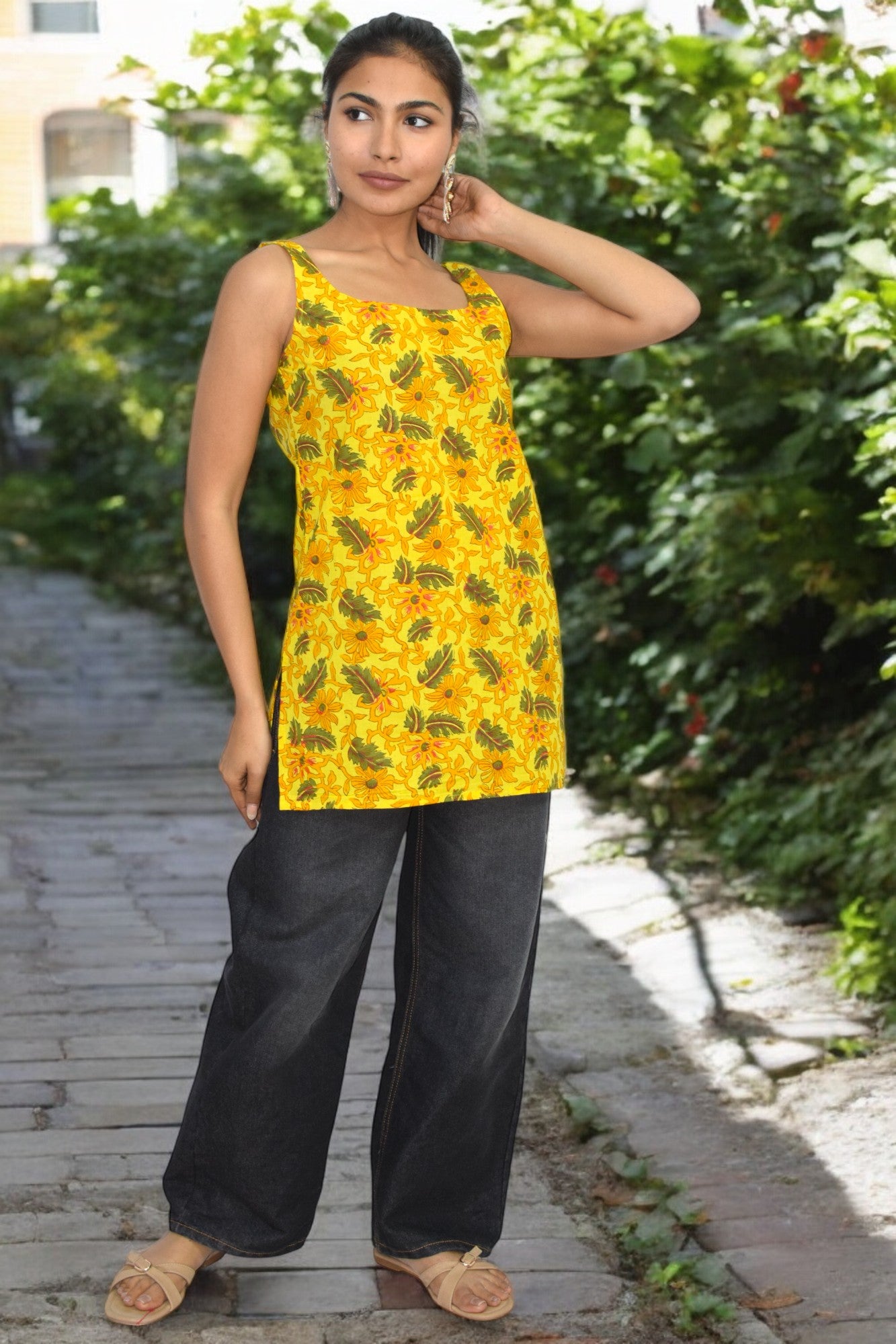 Yellow Cotton Broad neck Kurti