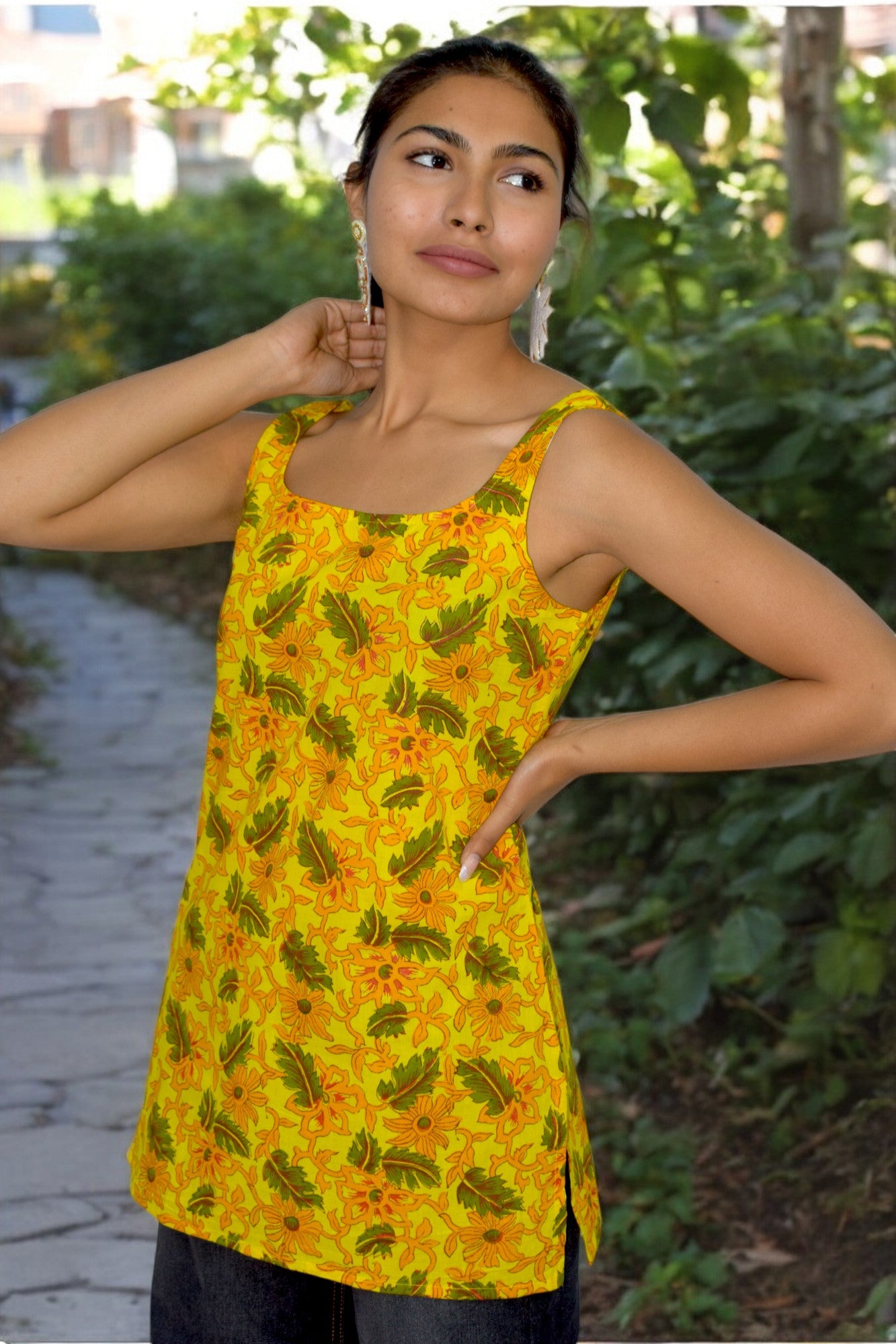 Yellow Cotton Broad neck Kurti
