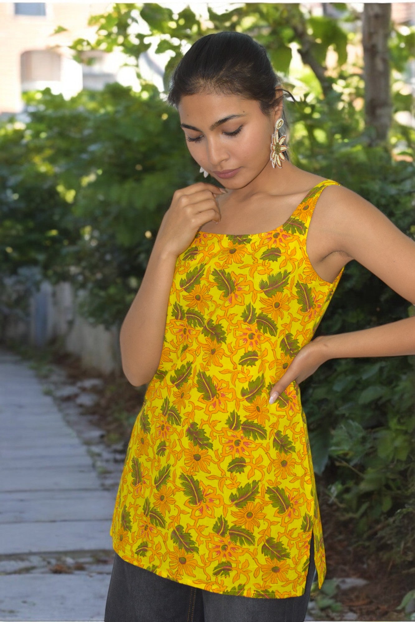 Yellow Cotton Broad neck Kurti