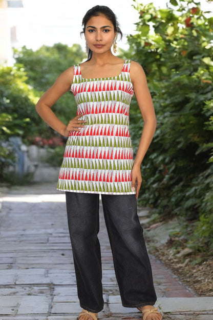 Red green Cotton Broad neck Kurti