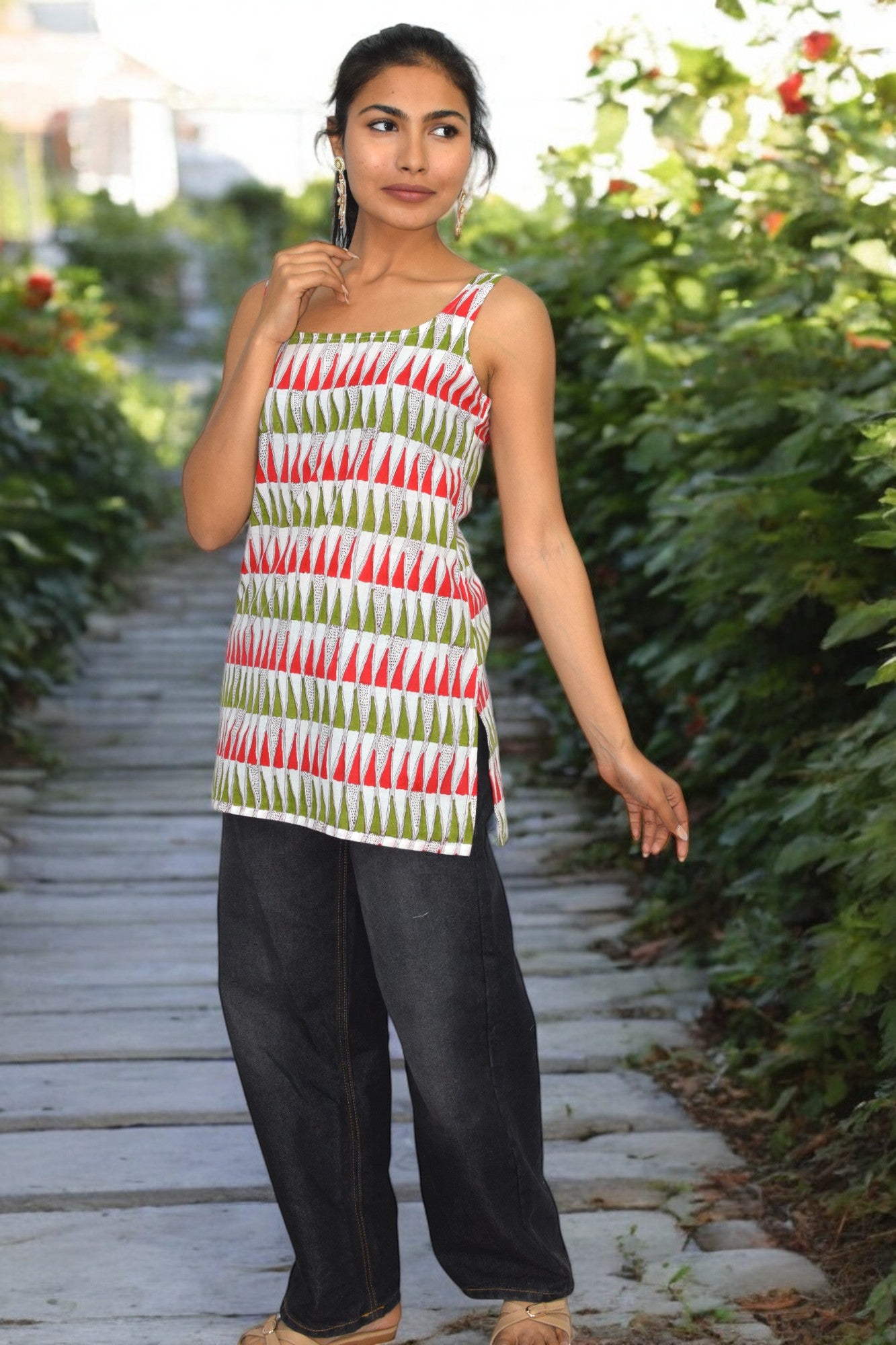 Red green Cotton Broad neck Kurti