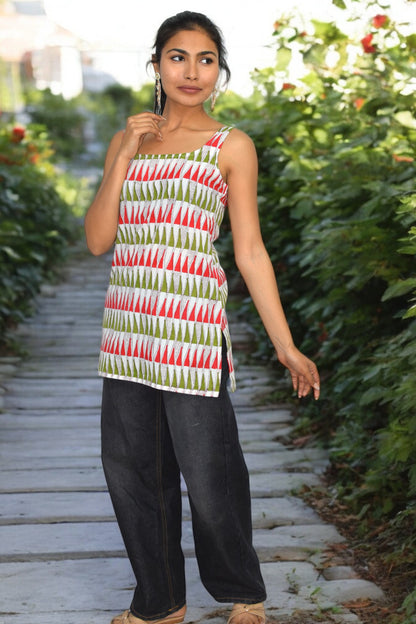 Red green Cotton Broad neck Kurti