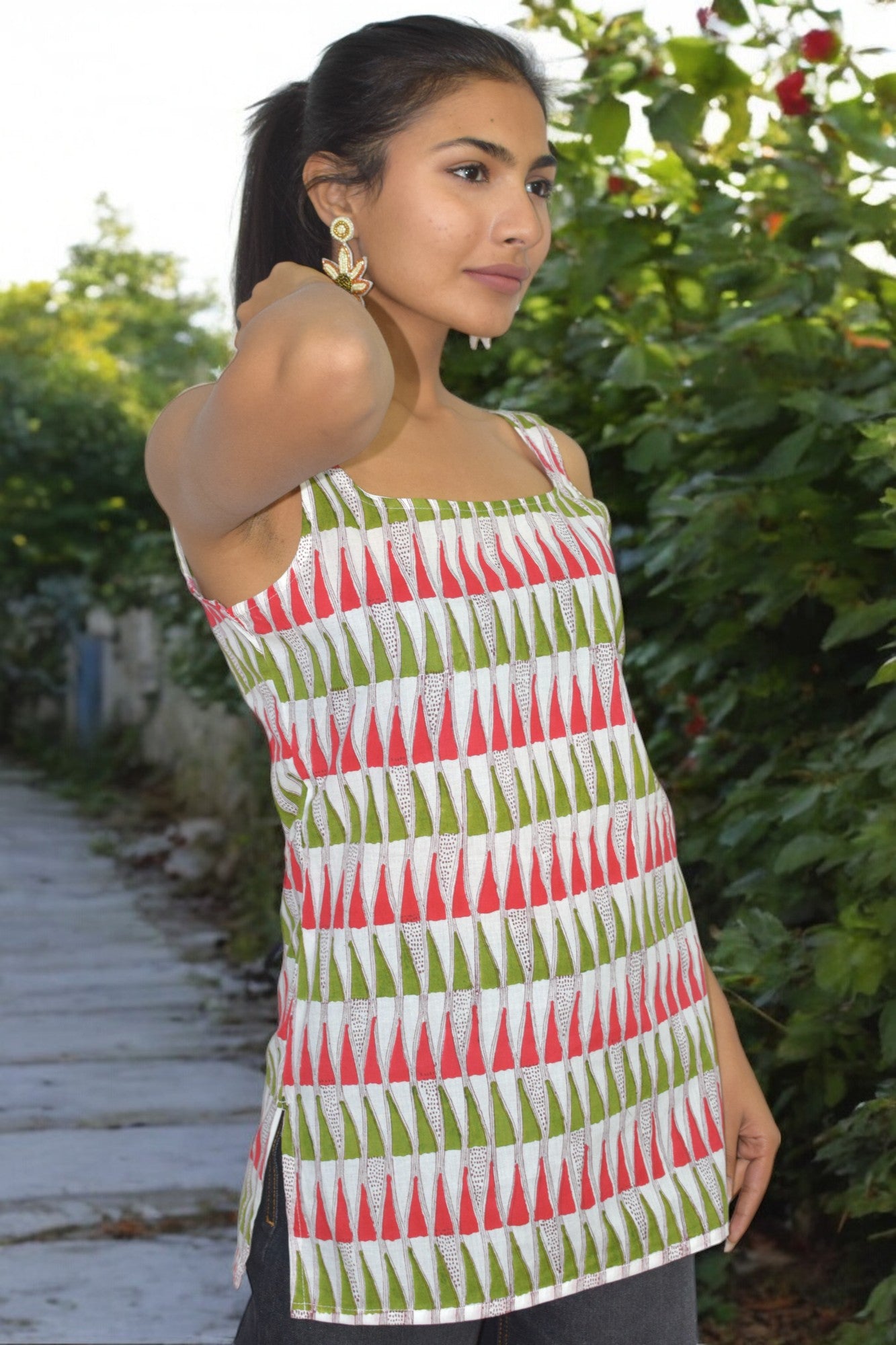 Red green Cotton Broad neck Kurti