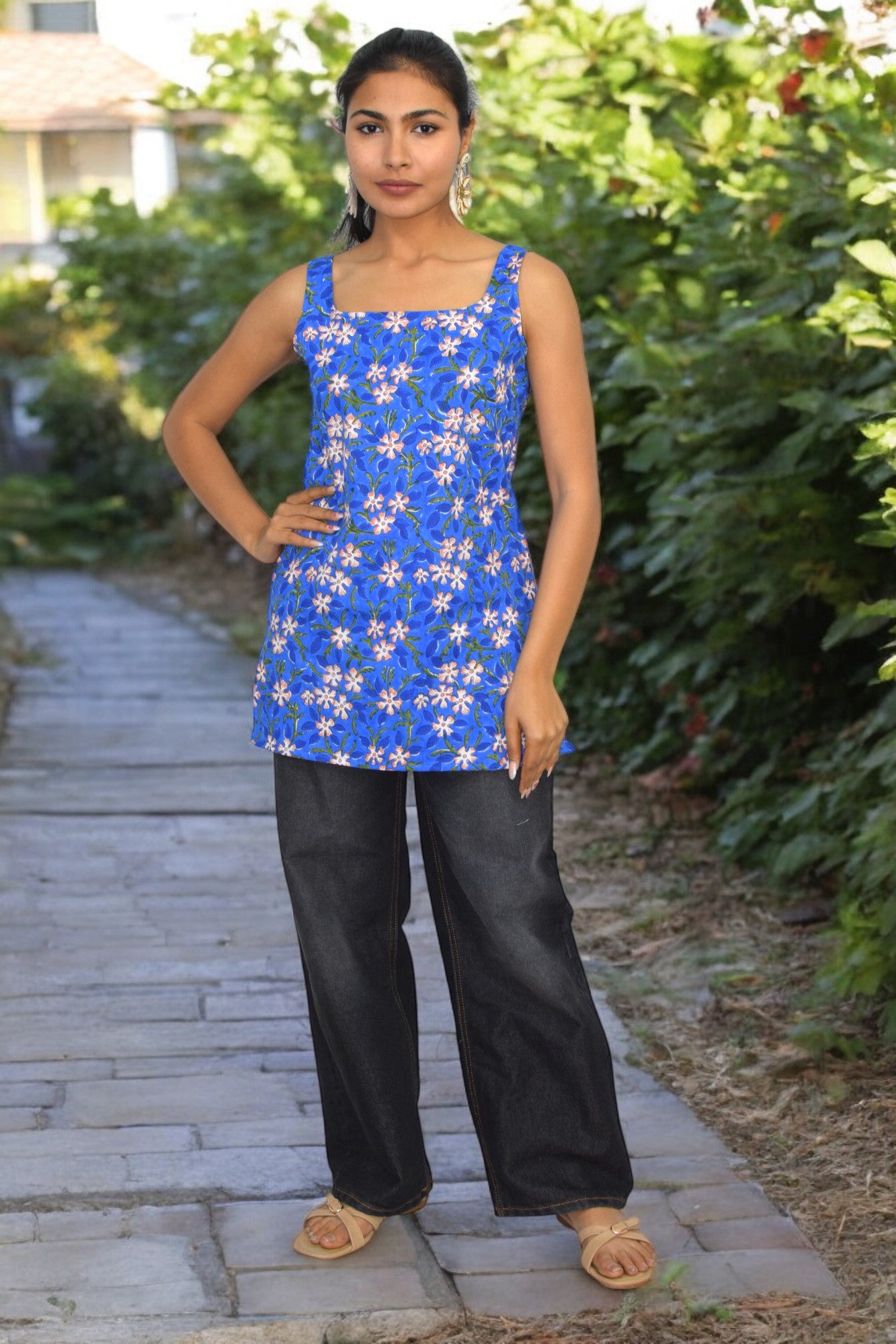 Blue Floral Cotton Broad neck Kurti