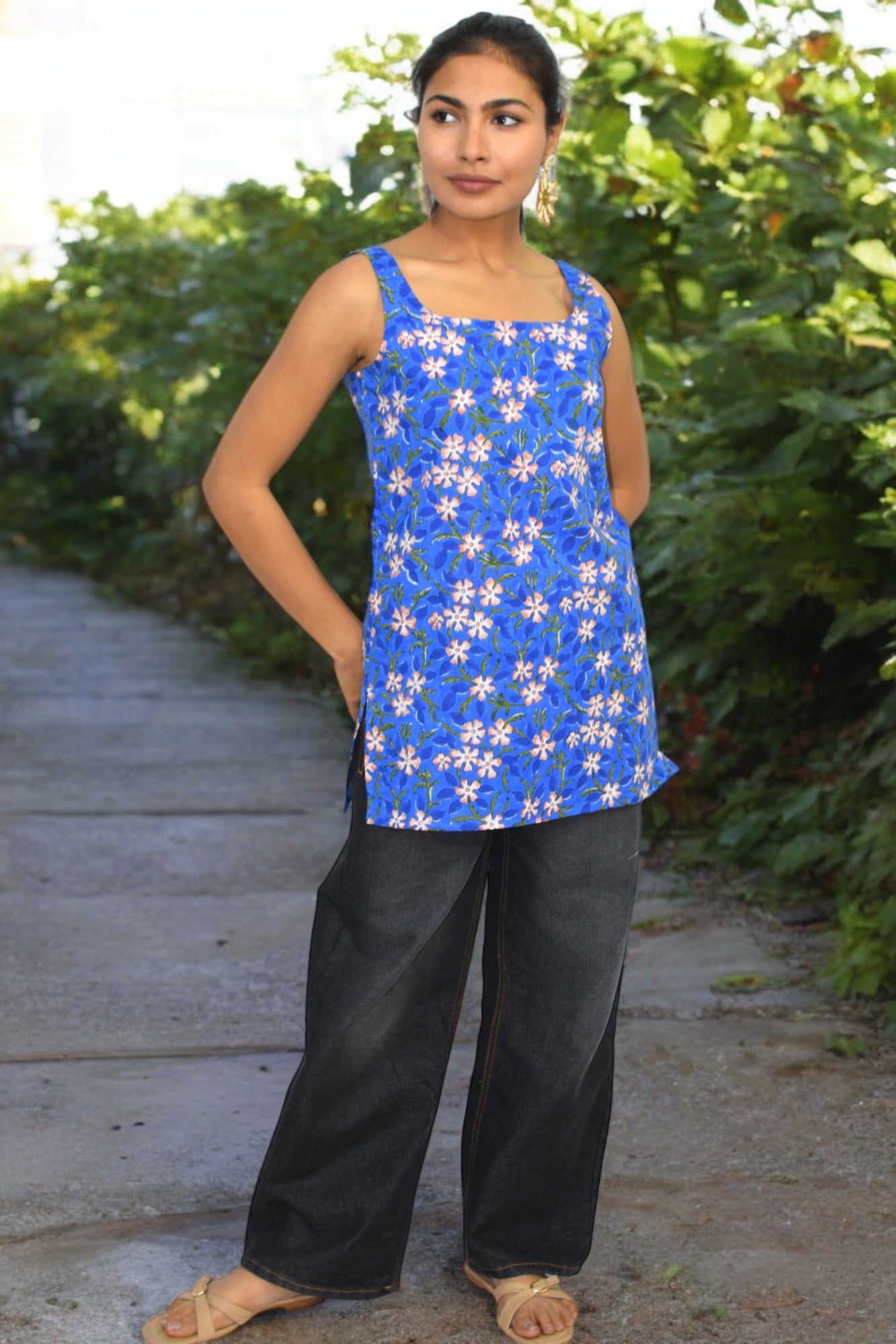 Blue Floral Cotton Broad neck Kurti