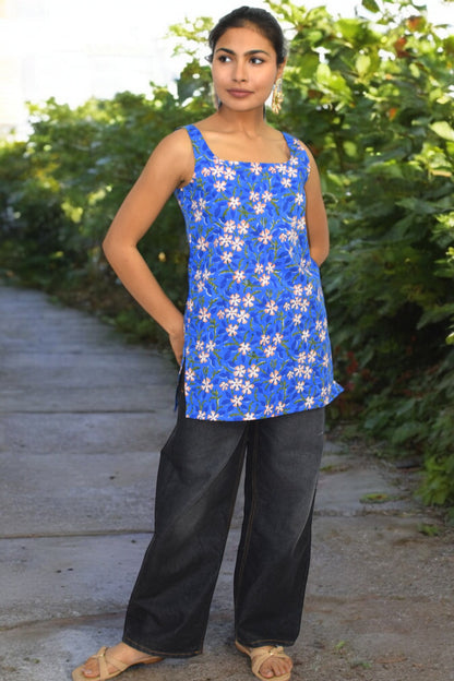 Blue Floral Cotton Broad neck Kurti