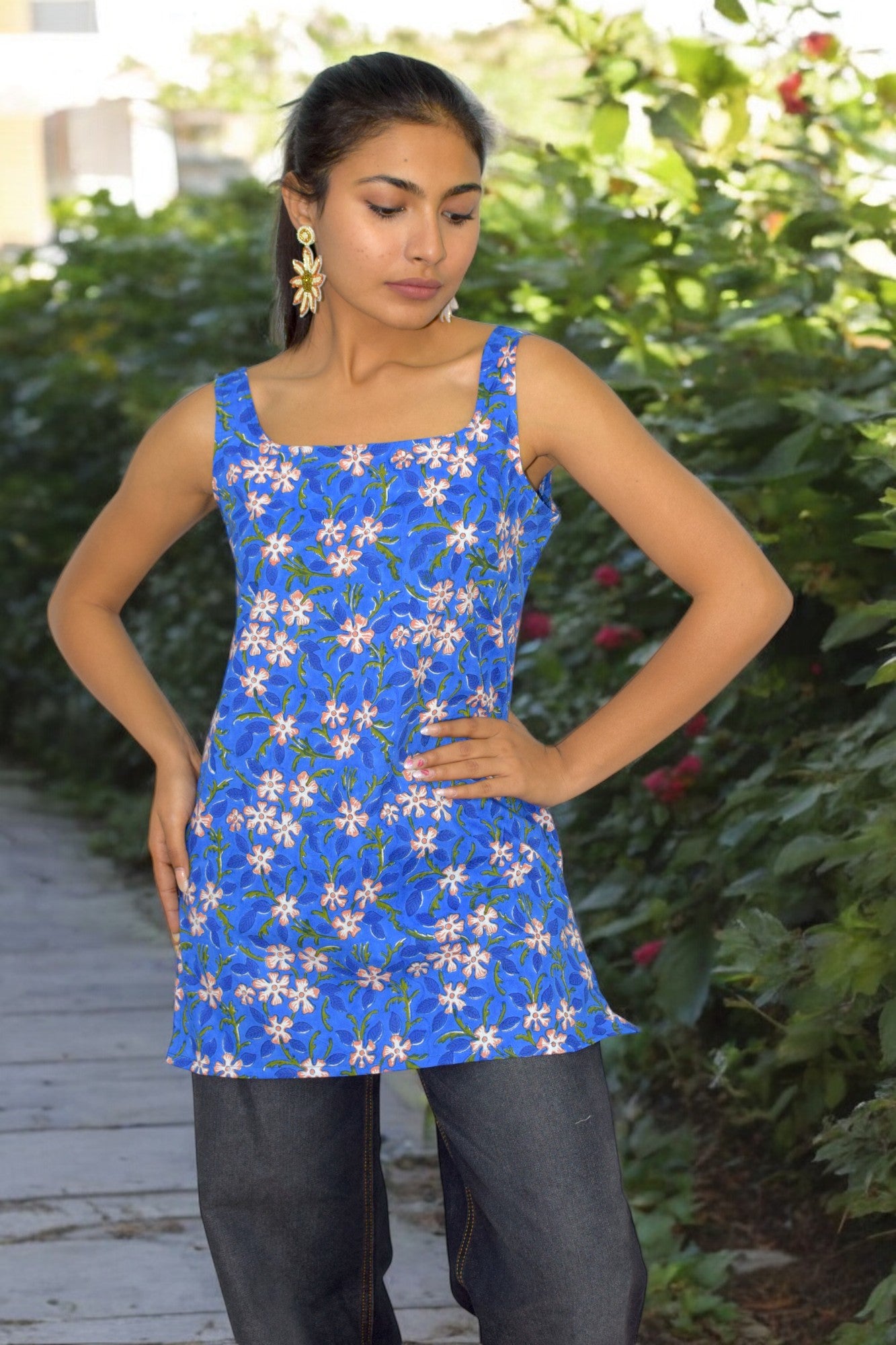 Blue Floral Cotton Broad neck Kurti