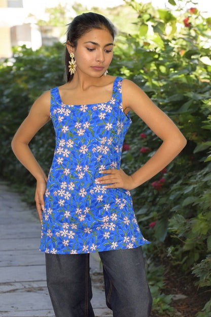 Blue Floral Cotton Broad neck Kurti