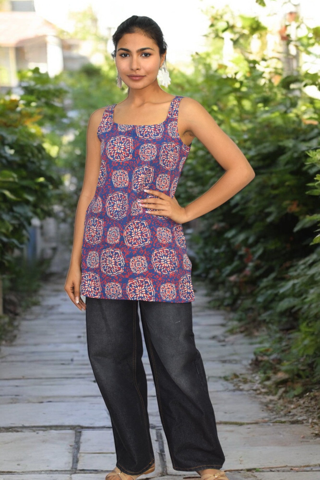 Blue Red Cotton Broad neck Kurti