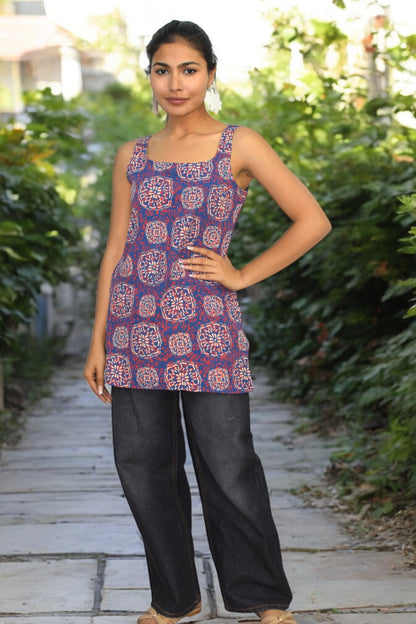 Blue Red Cotton Broad neck Kurti