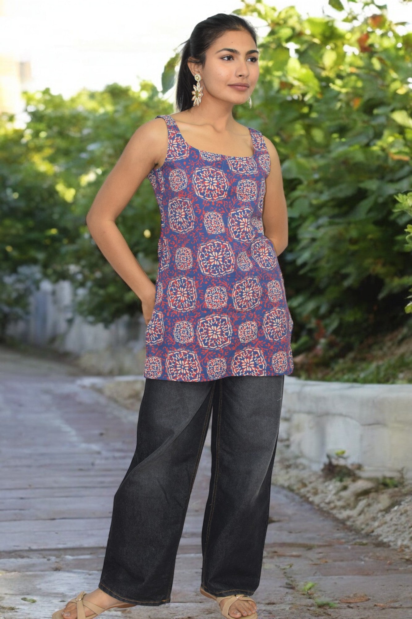 Blue Red Cotton Broad neck Kurti