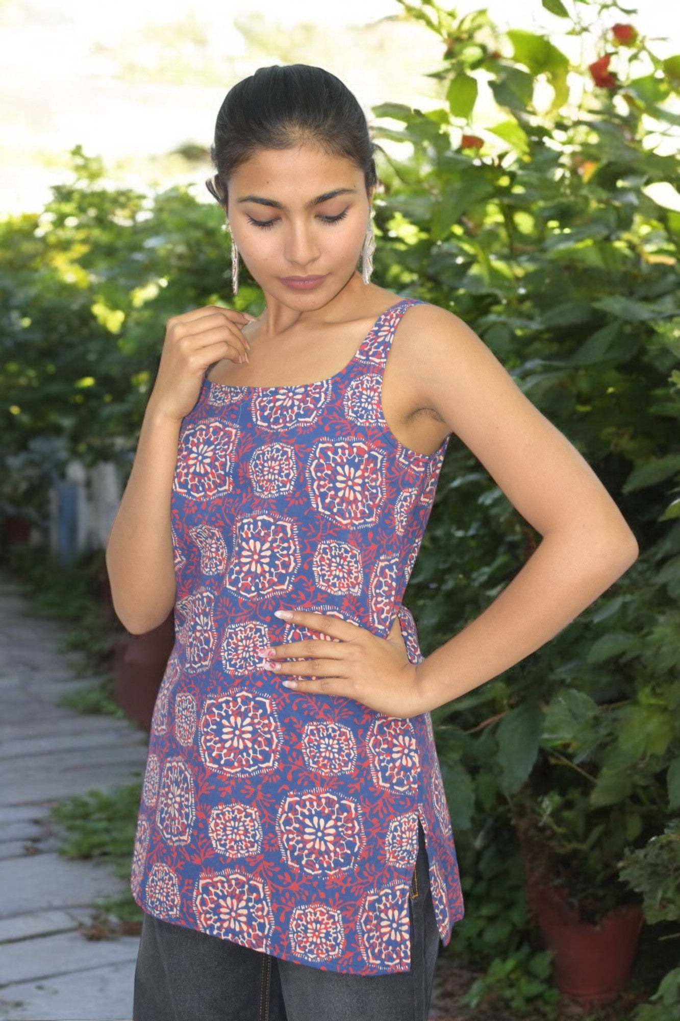 Blue Red Cotton Broad neck Kurti