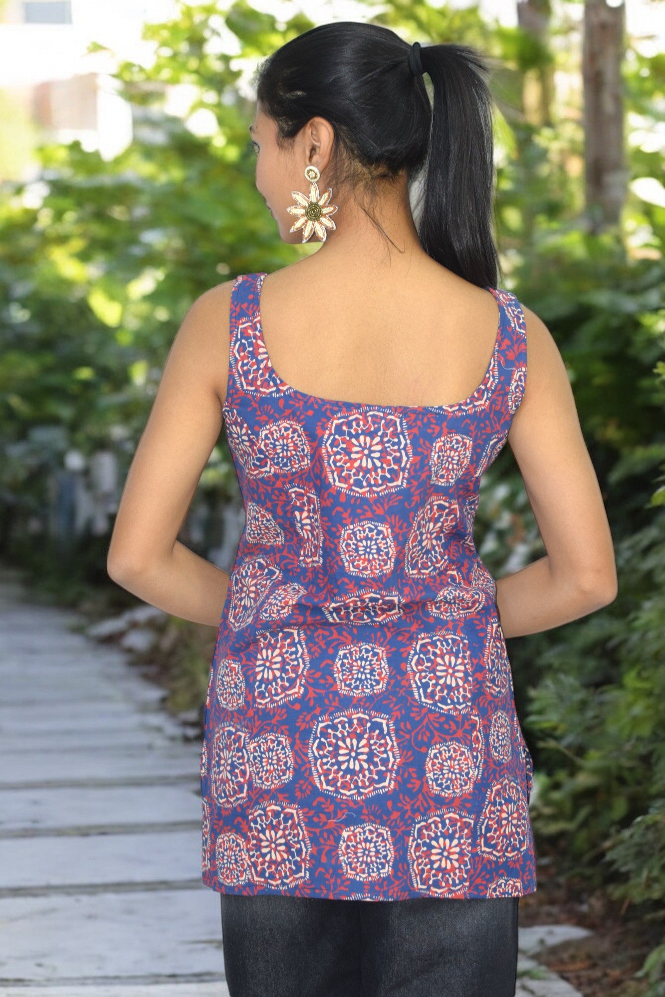 Blue Red Cotton Broad neck Kurti