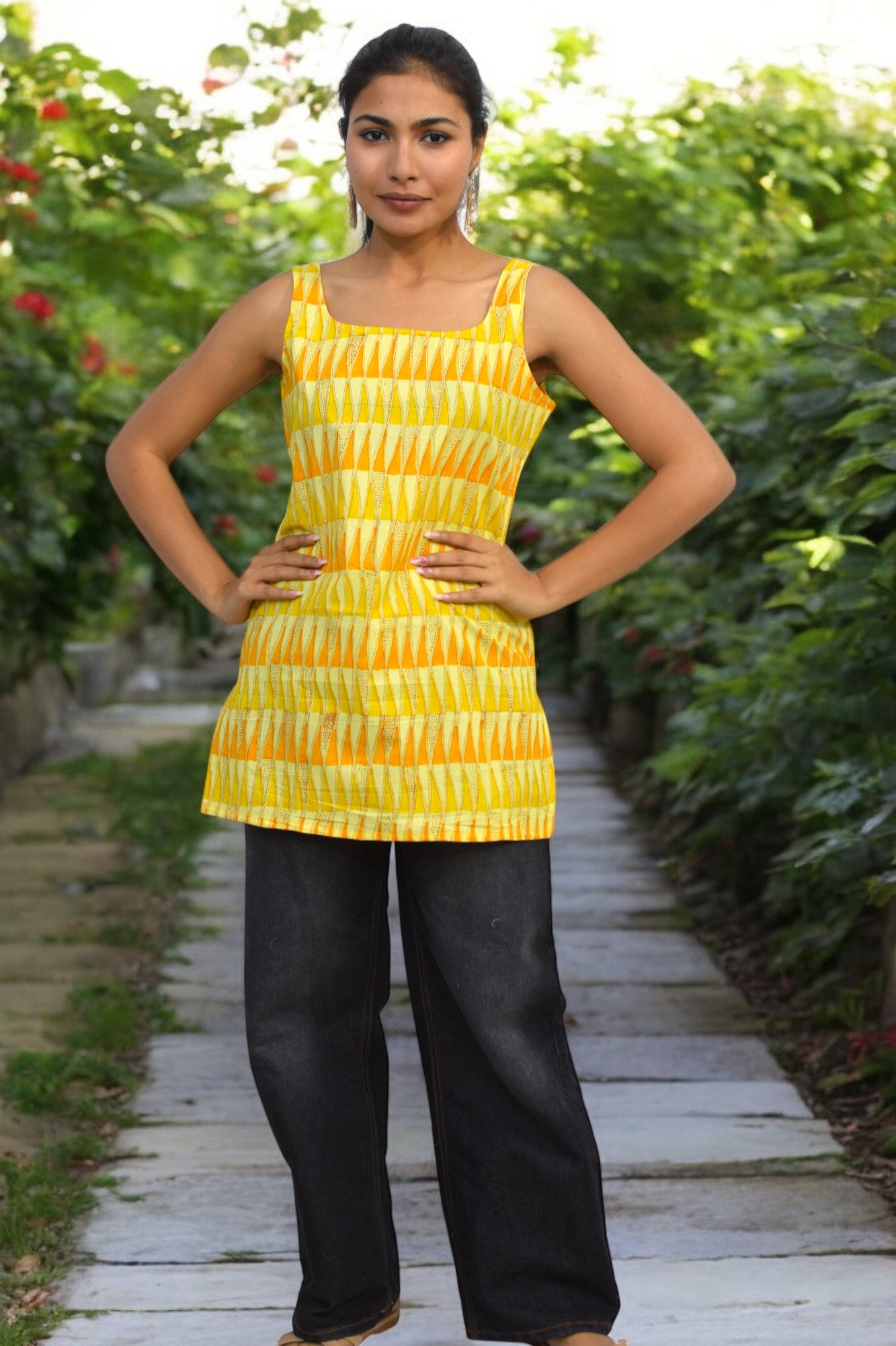 Yellow Cotton Broad neck Kurti