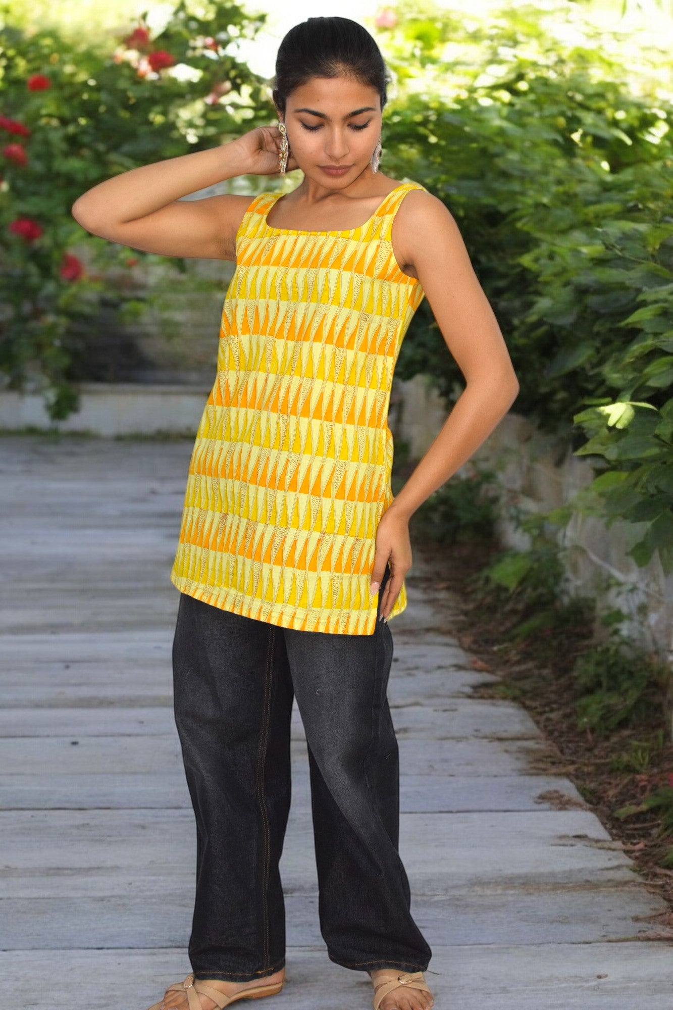 Yellow Cotton Broad neck Kurti