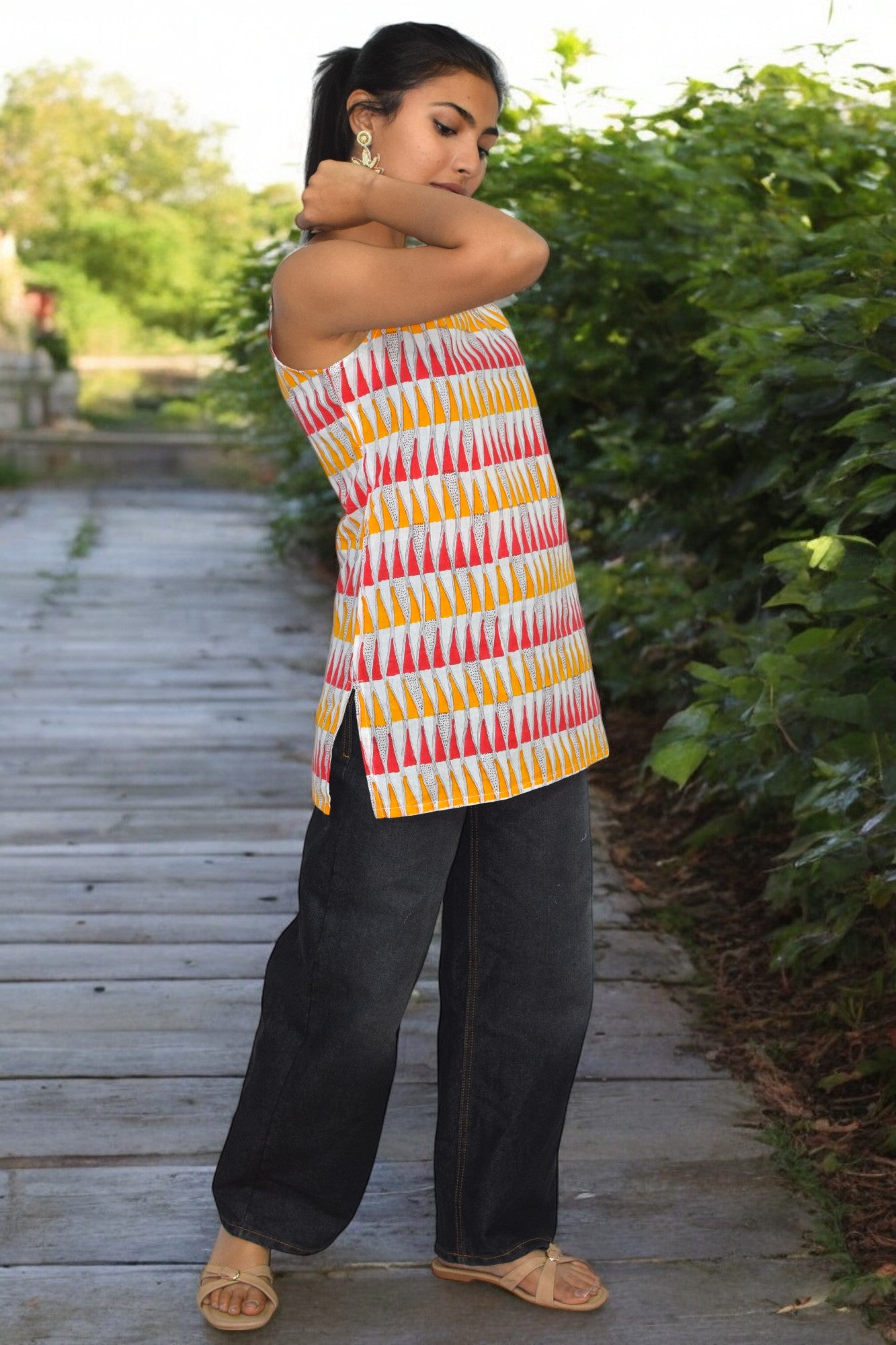 Mustard Red Cotton Broad neck Kurti