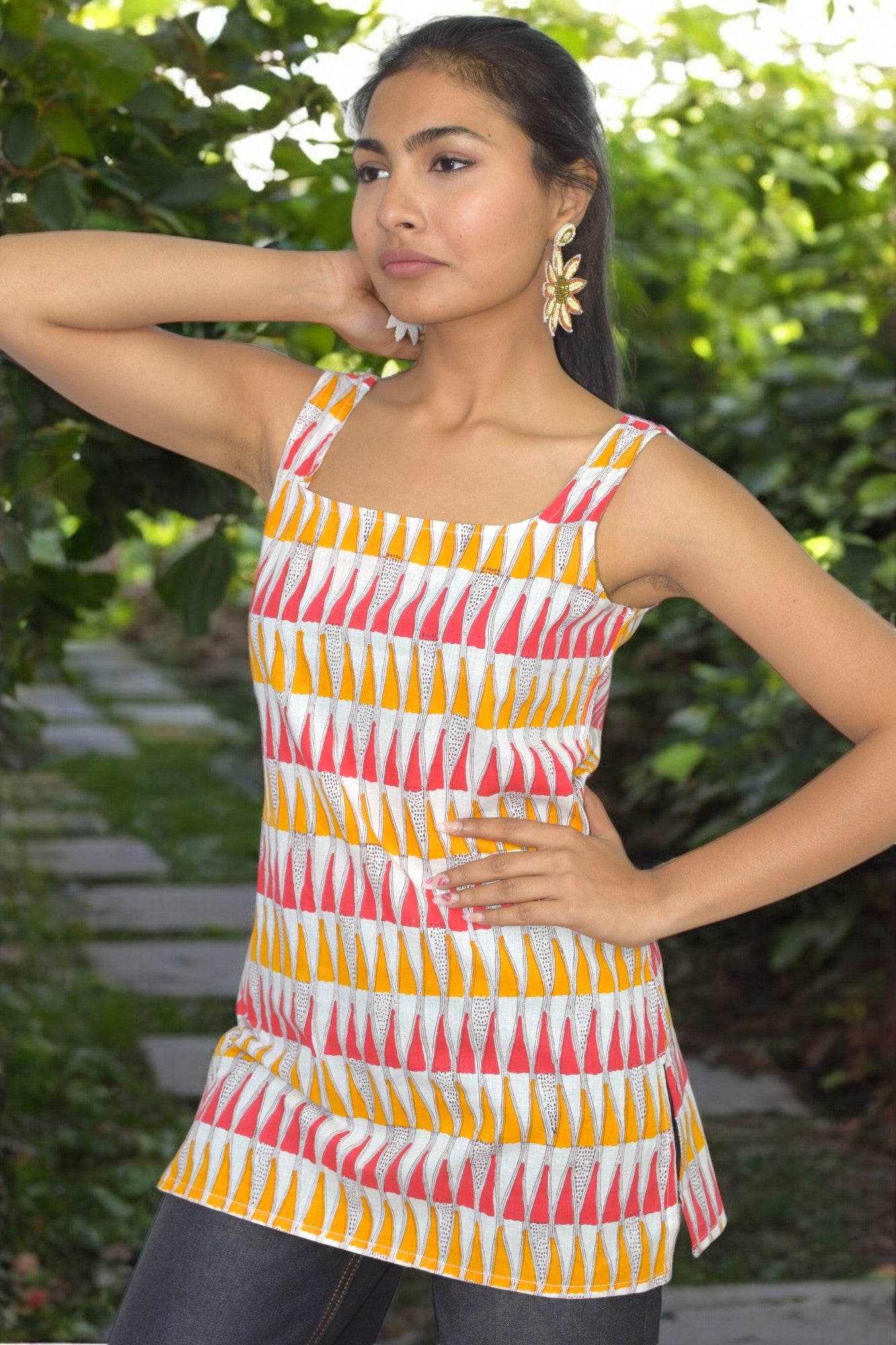 Mustard Red Cotton Broad neck Kurti