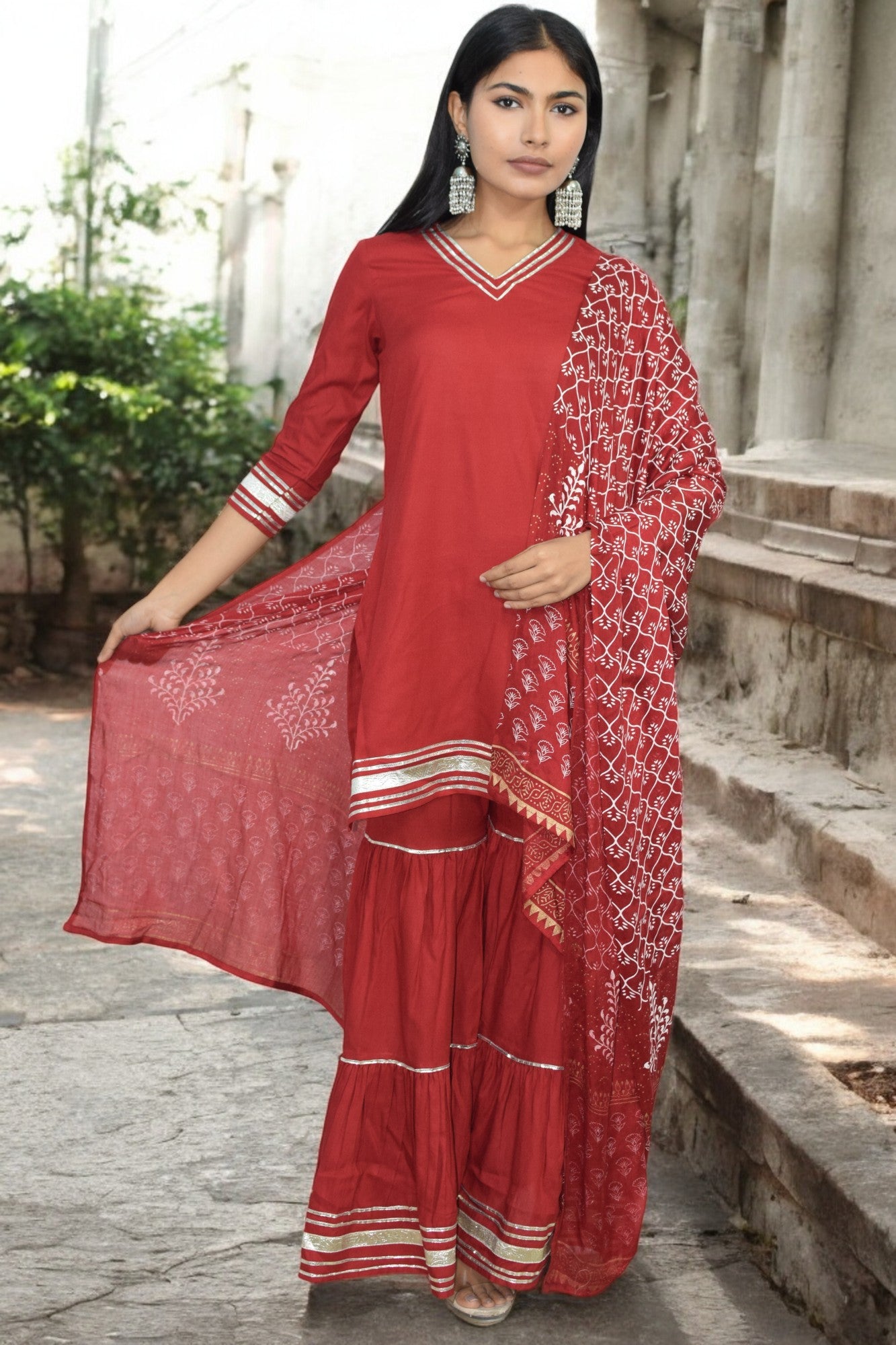 Classic Red Charm Sharara Set