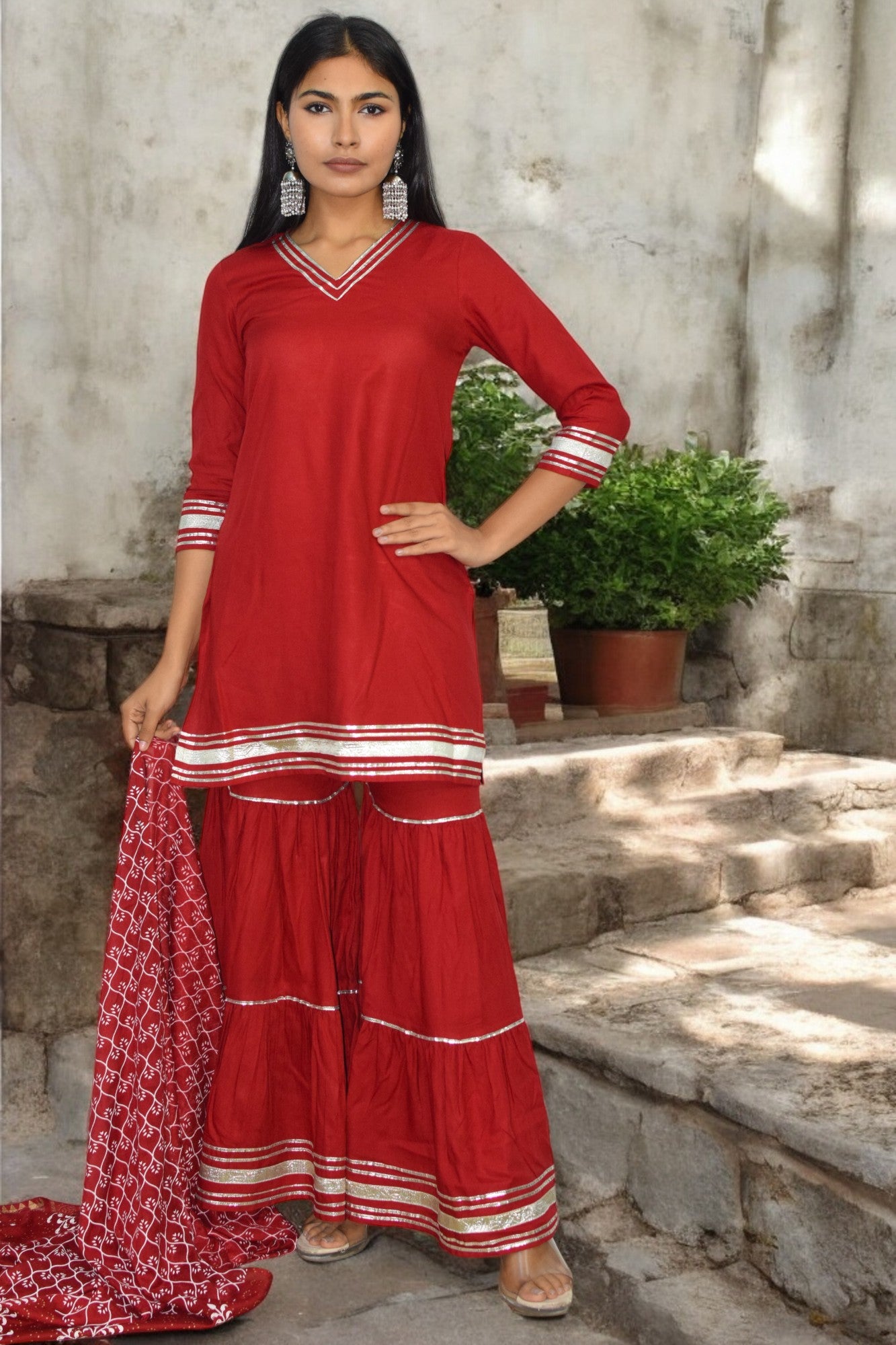 Classic Red Charm Sharara Set