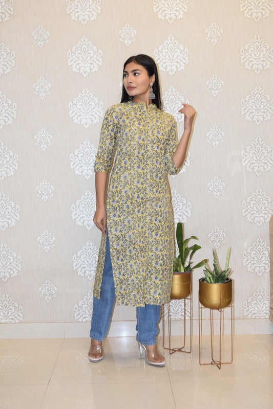 Yellow booti collared Printed Cotton Kurta