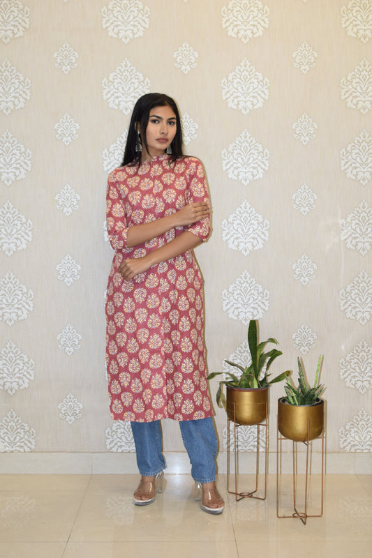 Red amerbooti collared Printed Cotton Kurta