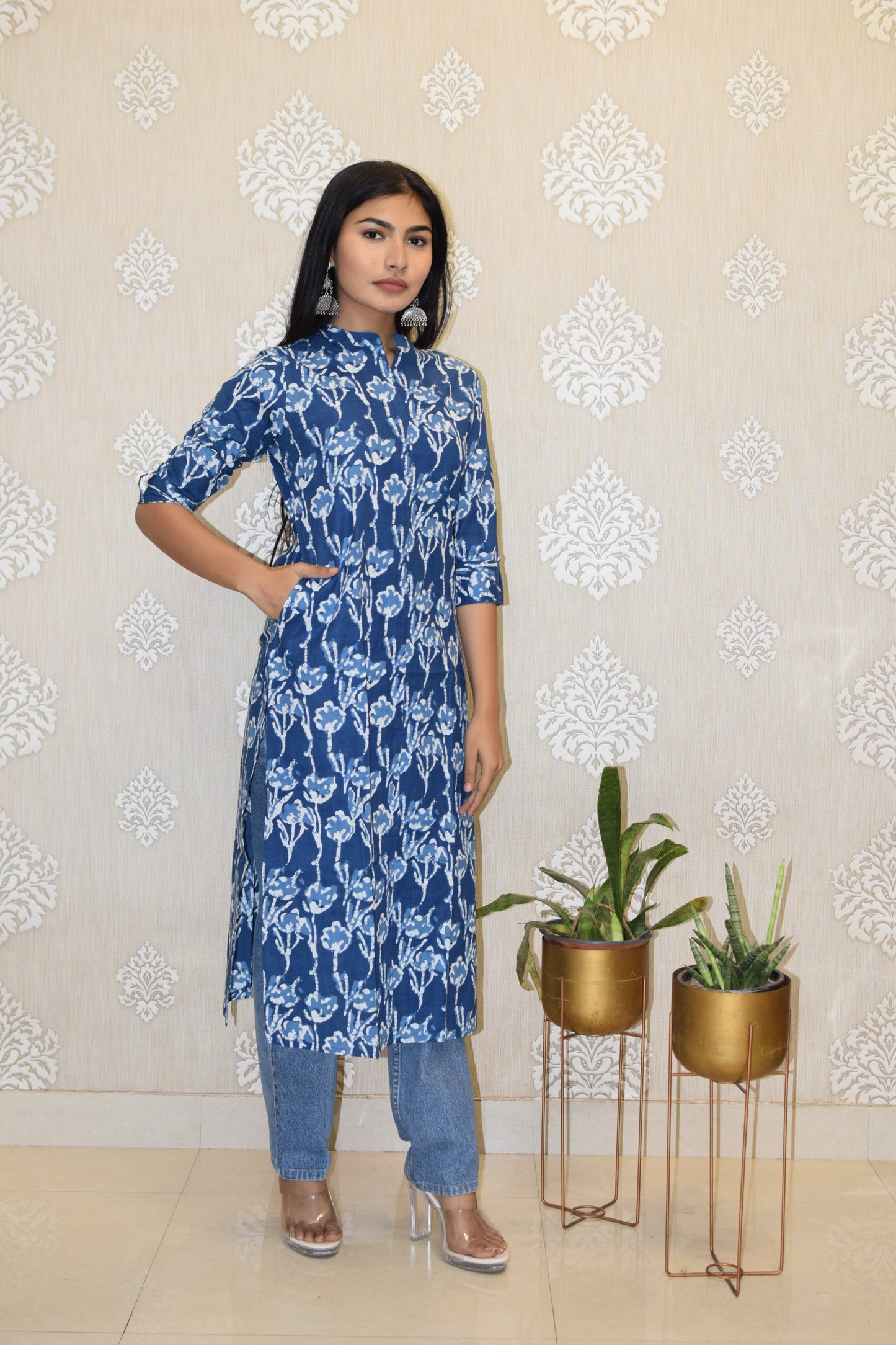 Blue matka collared Printed Cotton Kurta