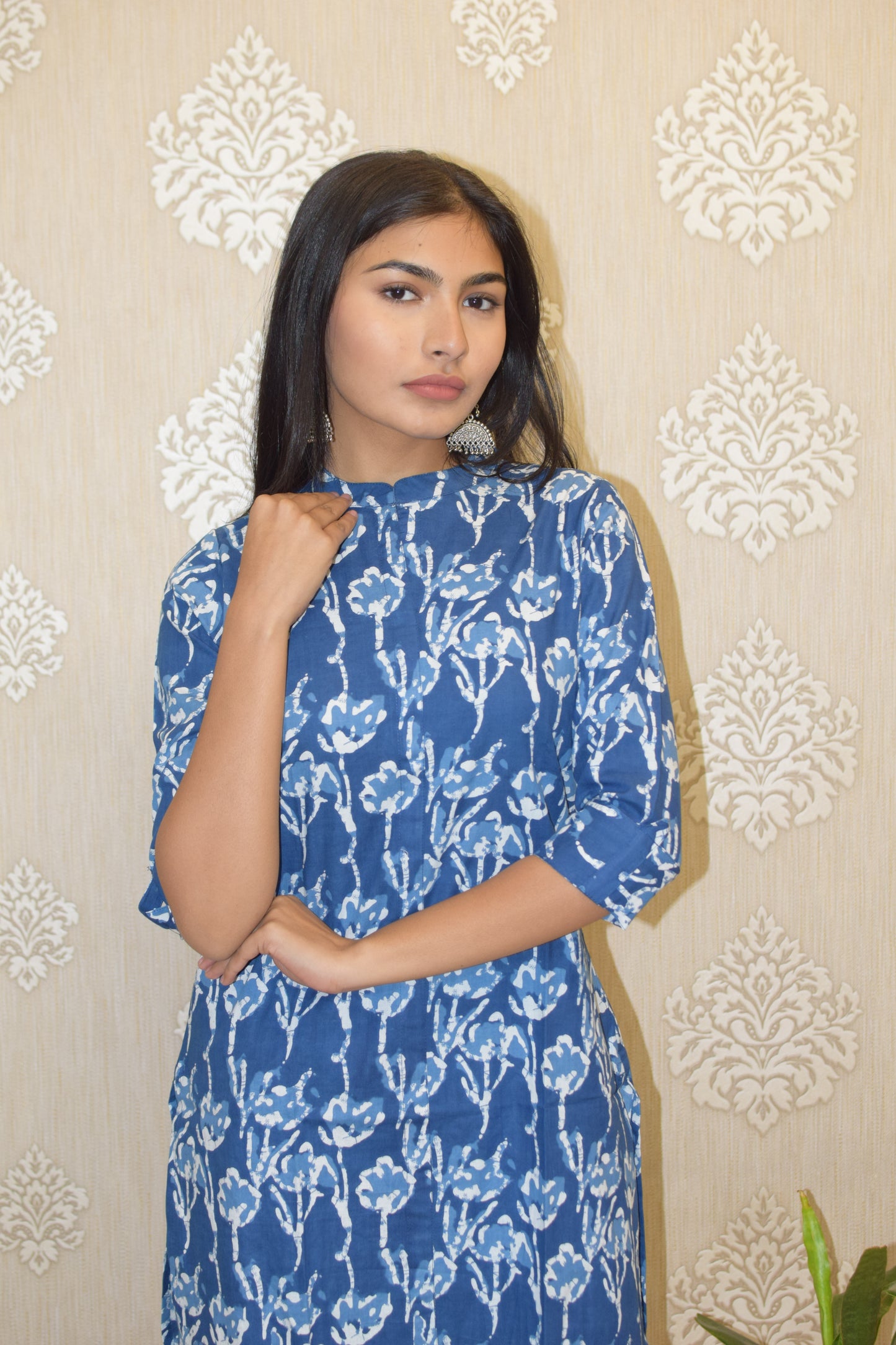 Blue matka collared Printed Cotton Kurta